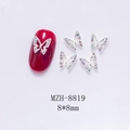 Macro detail of 8x8mm silver hollow butterfly nail charms with iridescent AB rhinestones - Silver Aurora Diamond Butterfly (8819)