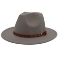 Detailed close-up of a grey wool fedora featuring a brown leather band and gold buckle - M(56-58cm) / Light Gray (3 Rivets)