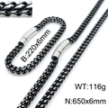 Two-tone black and silver titanium steel wheat chain necklace and bracelet set with magnetic clasp - Brushed Black 6mm Set