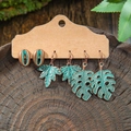 Retro 3-piece earring set with leaf and conch designs in antique bronze finish - Conch Maple Leaf Monstera Leaf Style (HQEF-0066)