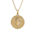 Hip hop 18k gold plated lion head pendant necklace with micro-paved zircons and box chain - Gold Lion Head Pendant With Gold Box Chain (KN230165-K)
