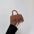 Mini brown lychee pattern leather handbag with silver bead chain and single handle - Brown