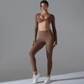 Detail of coffee brown yoga set with V-neck knot top and high waist leggings - S / Chestnut Brown