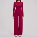 Diep bordeauxrode yogaset met crop top met lange mouwen en bijpassende wijde broek met hoge taille - S / Frambozenrood