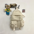 Zaino minimalista in nylon beige con tasche multiple e finestra in PVC trasparente - Regular Fit / Zaino Bianco (Senza Accessori)