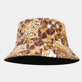 Detail view of tropical floral print on a cotton bucket hat with reversible black lining - Vintage Tropical Floral Patchwork Style (Color #8)