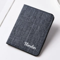 Slim navy blue denim fabric card holder with Slardar embroidery and black piping - Blue