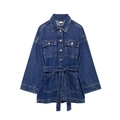 Chaqueta vaquera azul oscuro de moda con cinturón ajustable y cuello de solapa plana - XS / Azul