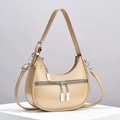 Fashionable beige crescent shoulder bag with adjustable strap and silver metal hardware - Khaki
