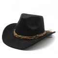 Classic black faux suede western cowboy hat with brown beaded leather cord decoration - M(56-59CM) / Black (Suede)