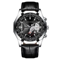 Herren-Chronograph mit schwarzem Lederarmband und Edelstahlgehäuse auf weißem Hintergrund - Silbergehäuse Schwarz Zifferblatt Schwarz Armband