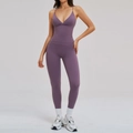 Women's dark purple brushed sports set featuring a V-neck tank top and high-waisted leggings - S / Top And Bottom / Bean Paste Purple