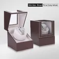 Single watch winder box in brown PU leather with grey velvet lining and clear window - 1+0 Coffee PU + Grey Flannel