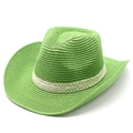Detailed close-up of woven straw jazz hat in vibrant green with elegant white lace band - M (56-58cm) / Grass Green
