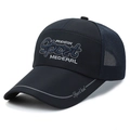 Navy blue breathable mesh baseball cap with front embroidery and striped curved brim - Navy Blue