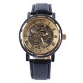 Men's automatic mechanical watch with gold skeleton dial and black leather strap - Gold Case Gold Dial Gold Hollow