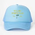 Detailed view of yellow Malibu Sports Club embroidery on sky blue mesh trucker hat - One Size / All Sky Blue