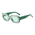 Deep green square sunglasses with studded pearls and colorful rhinestones for women - Black with Dots / Green Frame / Green Lens
