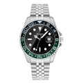 Silver stainless steel men's watch with black dial and green-black rotating bezel - Silver Black and Green