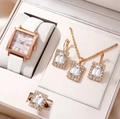 Women's rose gold square watch and jewelry set with white leather strap in gift box - 10+ Accessories (without Box) / Factory Direct Price