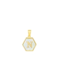 18k gold plated hexagonal pendant featuring white mother of pearl with letter N - Letter N