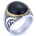 Macro detail of men's silver ring with vintage patterns and oval black gemstone - US 7 / Two-Tone Gold + Black Gemstone
