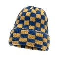 Blue and yellow checkerboard knitted beanie hat for winter warmth with thick wool texture - Blue and Yellow Checkerboard