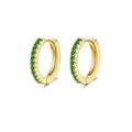 Gold hoop earrings featuring inlaid round green cubic zirconia stones on white background - Gold Hoop Earrings Pair