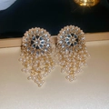 Vintage palace style gold earrings with sparkling crystals and white pearl tassels - Golden Flower Pearl Tassel Style