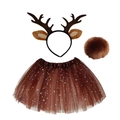 Brown reindeer costume set with antler headband, pompom tail, and star sequin tutu skirt - Spotted Three-piece (skirt)