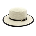 Elegante beige strooien hoed met zwarte bies en leren riemgesp detail voor dames - M (56-58cm) / crème