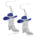 Silver western boot earrings with blue enamel cowboy hat and sparkling zircon stones - Style 3 (Blue Hat Silver Boot)