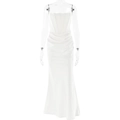 Detailed view of the white off-shoulder gown featuring corset boning and draped waist - L / White