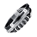 Men's multilayer braided leather bracelet with silver metal chains and magnetic clasp - Black and Silver