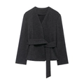 Women's minimalist dark grey belted soft knit cardigan with long sleeves and V-neckline - S / Dark Gray