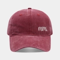 Close-up of burgundy washed cotton baseball cap with white mimi letter embroidery - Adjustable / Burgundy