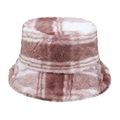 Close-up of pink and white plaid faux fur bucket hat with soft plush winter texture - Pink and White Plaid (D)