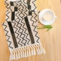 Beige and black cotton linen table runner with geometric patterns and tassels - Boho Black - Knotted Tassels / 30*50cm