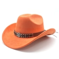 Detail of orange suede cowboy hat with brown leather band and vintage metal studs - M (56-59cm) / Orange