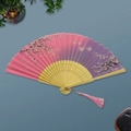 Pink and purple gradient bamboo folding fan with cherry blossom pattern and tassel - White Ribs Style 74