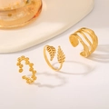 Three-piece set of elegant gold titanium steel rings with star, moon and leaf patterns - J808-Leaf Wave Gold 3-Piece Set