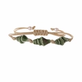 Bohemian ceramic conch shell bracelet with green beads and beige woven cord for women - Grass Green