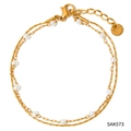 Bracciale a doppio strato in acciaio inossidabile dorato con perle finte e chiusura a moschettone - Bracciale Oro (SAK573)