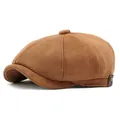 Berretto newsboy marrone in finto camoscio con design vintage a otto pannelli e fibbia - Regolabile (55-59cm) / Caffè