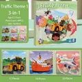 Kids magnetic transportation puzzles featuring excavator, cargo ship and airplane designs - Traffic Theme 1 Green [3-in-1 Magnetic Book]