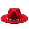 Red wool felt fedora hat with gold chain band for men and women in British style - M (56-58cm) / Red