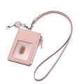 Pink lychee grain leather ID card holder with multi-slot zipper pocket and lanyard - Light Pink