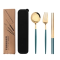 3-piece portable stainless steel cutlery set in gold and dark green with a black storage box - Peacock Green Gold Spoon Fork Chopsticks 3-Piece Set - Black Box