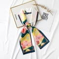 Narrow silk twilly scarf with abstract geometric waves in green, yellow, and coral pink - Print - Pink