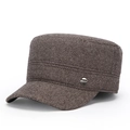 Brown mixed knit flat top cadet hat for men featuring a side metal fashion badge - Adjustable / Coffee